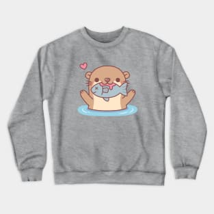 Cute Otter Catching Fish Funny Crewneck Sweatshirt